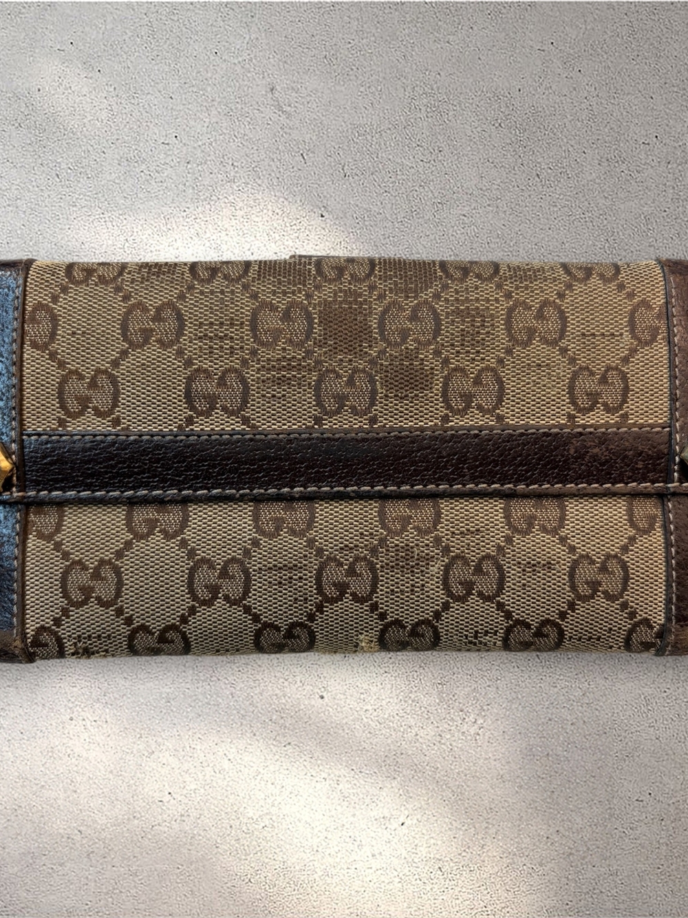Gucci GG Canvas Long Continental Wallet Brown Beige Leather Gold Studs Snap